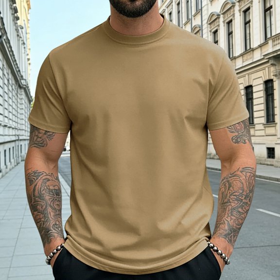 Men's Summer Loose T-Shirts Waffle Knit Short Sleeve Crew Neck Solid Tee Tops Casual Fashion Outdoor Walking Top Khaki S