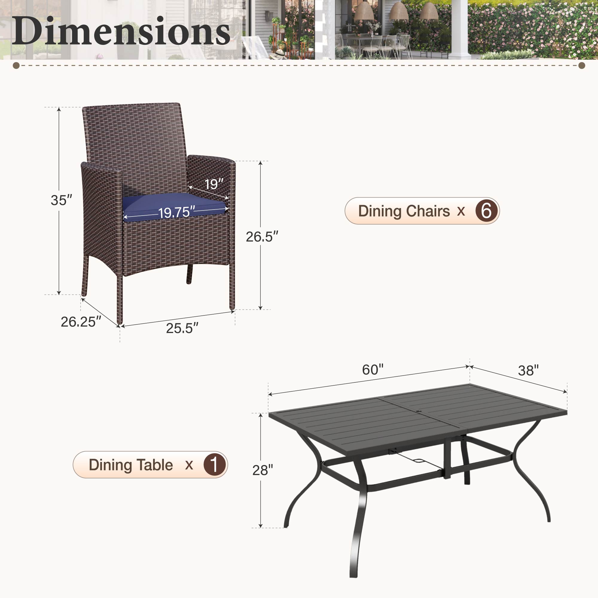 MF Studio 7-Piece Wicker Outdoor Patio Dining Set with Navy Blue Cushions, Rattan Patio Chairs and Metal Table with Umbrella Hole for 6 People, Black & Brown