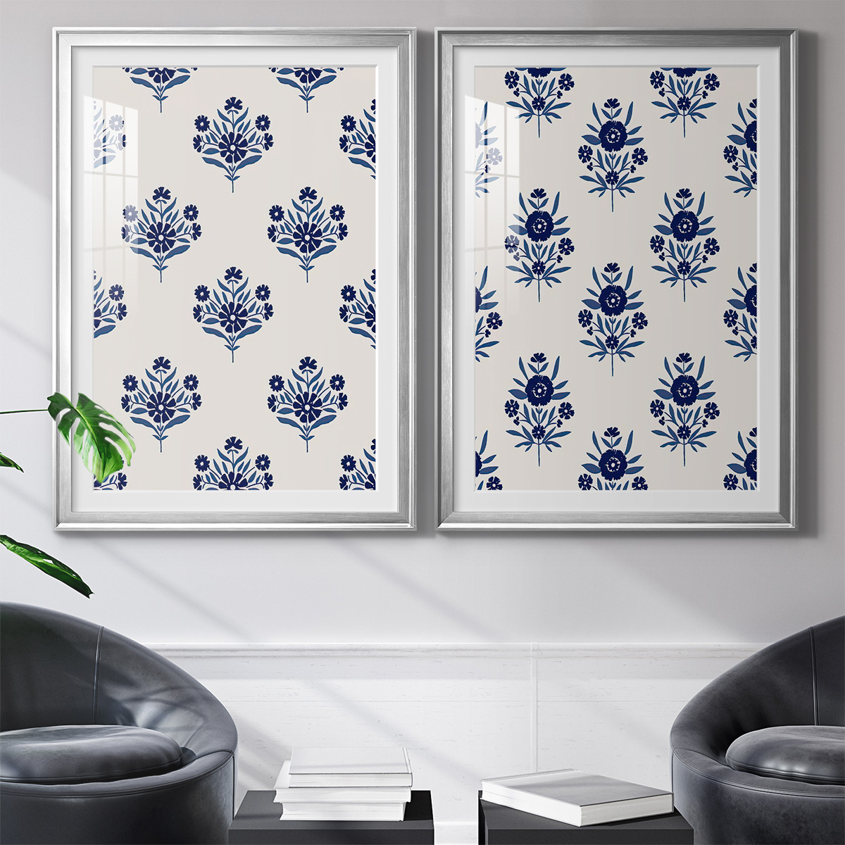Wexford Home Indigo Bloom Pattern I Premium Framed Print, 30.5" x 42.5" - Ready to Hang, Silver (Set of 2)