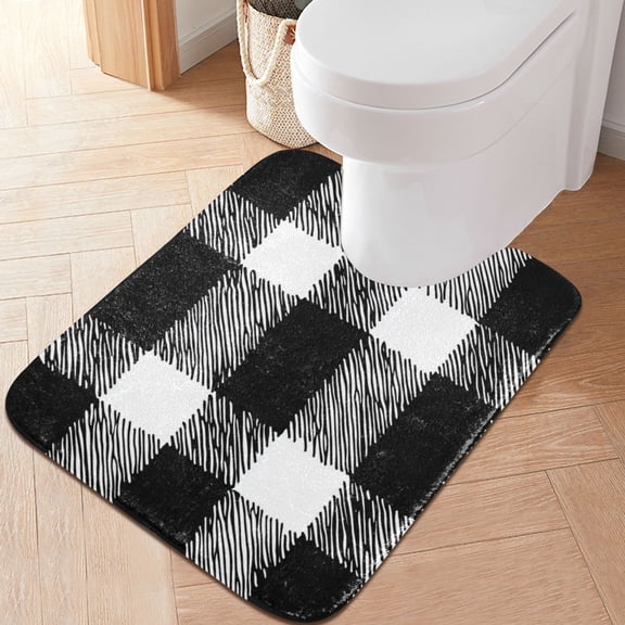 RMDQTR 20" × 24" U Shape Bathroom Rugs Plush Toilet Base Mat Soft Rugs Non Slip Absorbent Black White Plaid