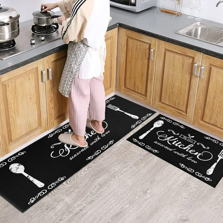 Kitchen Rugs and Mats, Non-Slip Washable Anti-Fatigue Kitchen Mats 2 Pieces  Black Kitchen Carpet Floor Comfort Mats for Kitchen Sink Front Two Piece