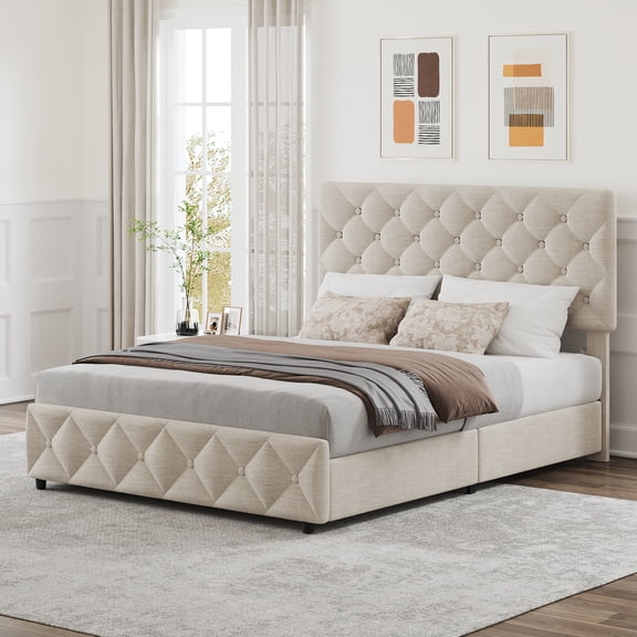 Full Size Bed Frame with 4 Storage Drawers and Headboard, Linen Upholstered Platform Bed Diamond Stitched Button Tufted Easy Assembly Noise-Free No Box Spring Dark Grey