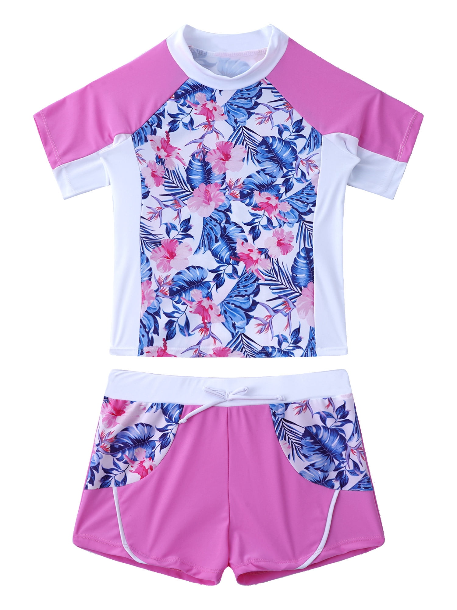 iiniim Kids Girls Flower Printed Tankini Set Tshirt with Swim Boyshort