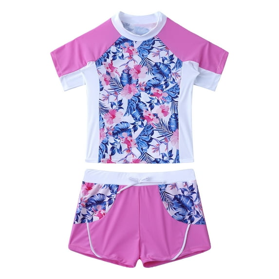 CHICTRY Girls Flowers Leaves Prints Swimsuit Rash Guard Juniors Swimming T-shirt with Shorts Swimwear Pink 6