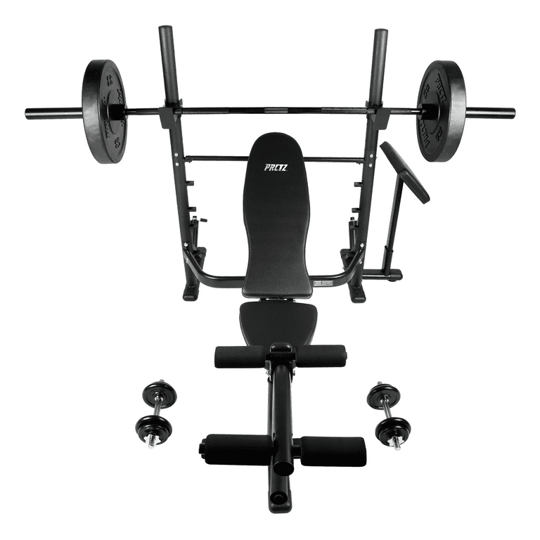 PRCTZ SP1 Homegym Bundle Includes Adjustable Olympic Weight Bench with Squat rack 7ft Olympic barbell 45 lb Rubber Bumper plates set 40 lb
