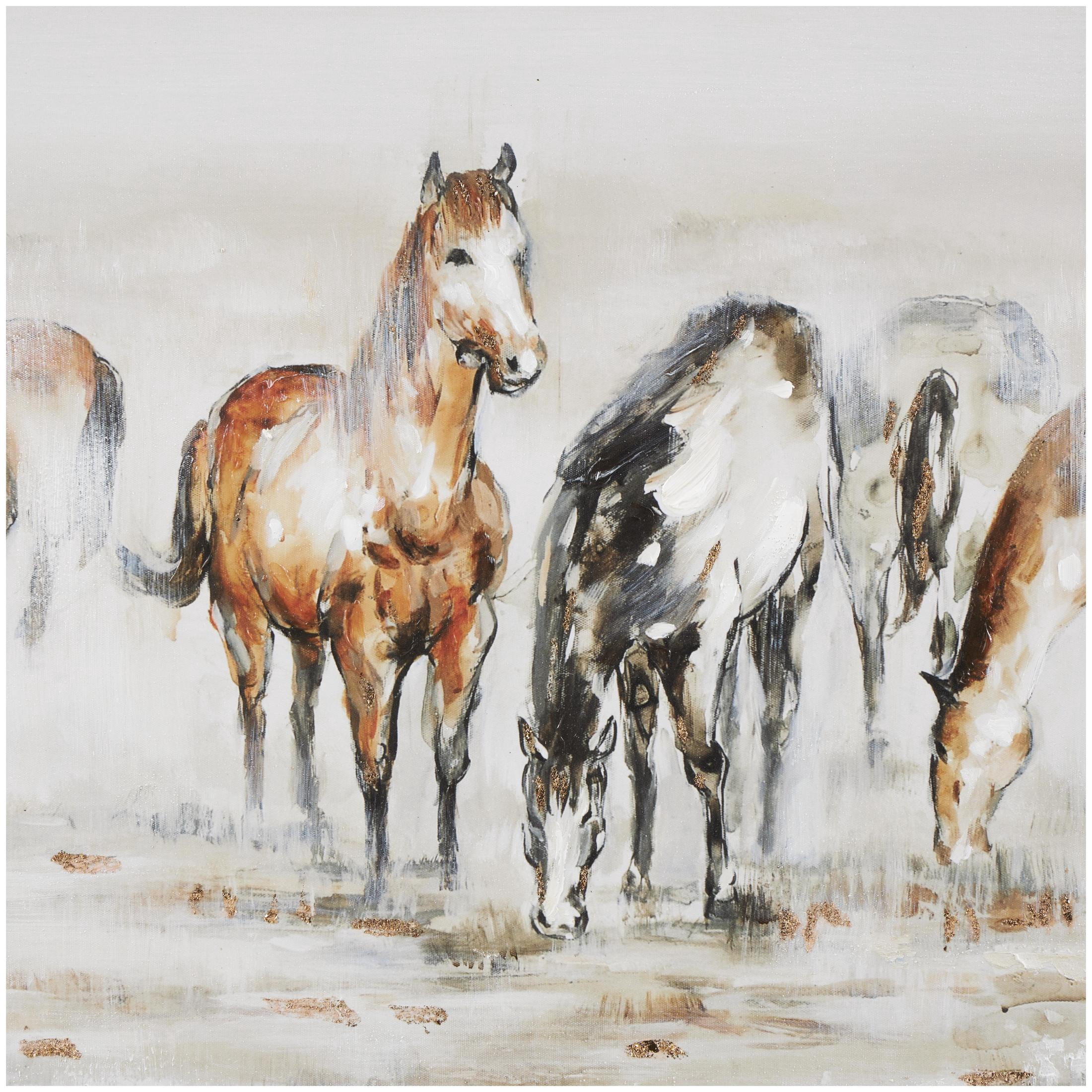 71" x 32" Horse Framed Wall Art with Wooden Frame and Gold Foil Accents, by DecMode