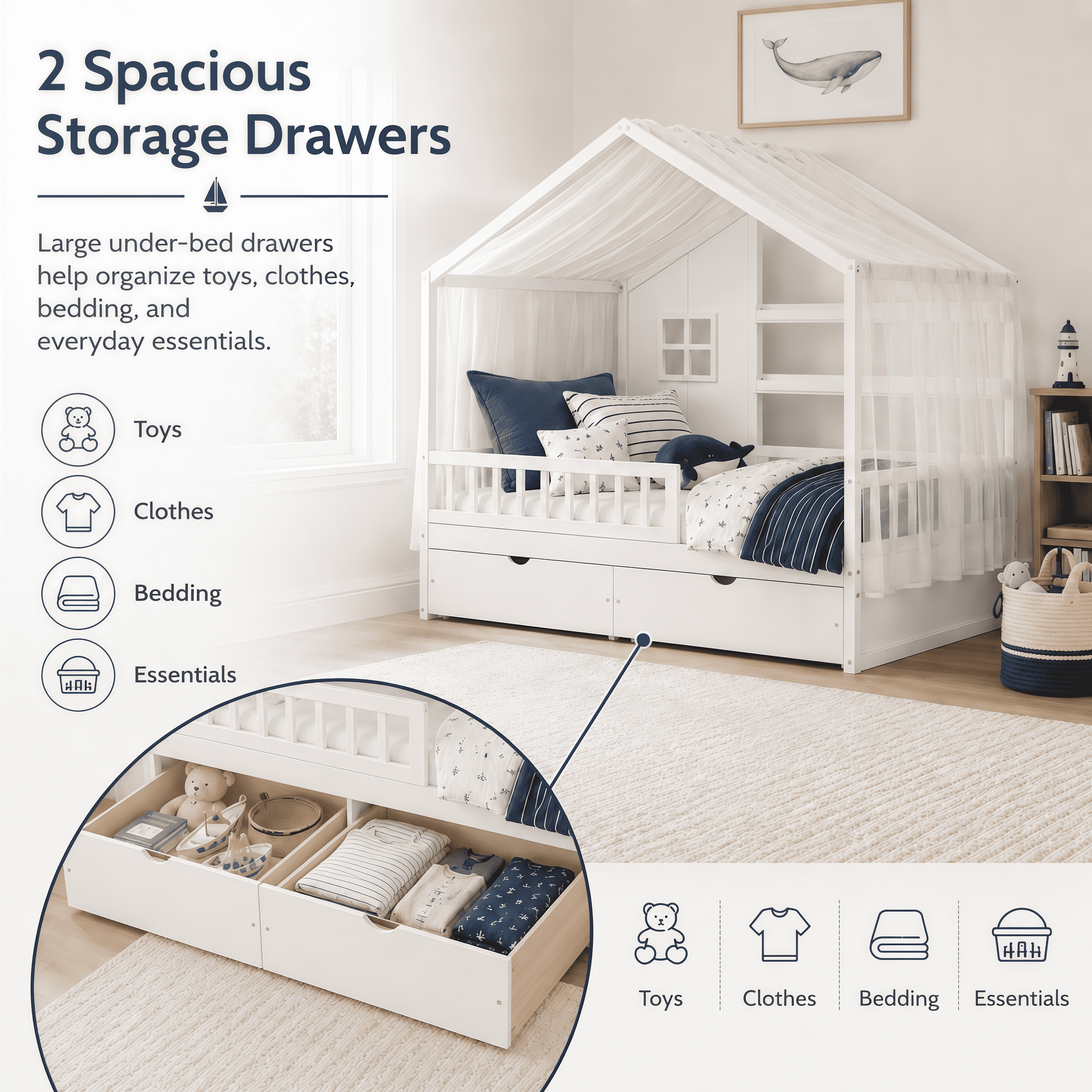 Euroco Wood Full Size House Bed with Roof and Curtains, Montessori Floor Bed with Drawers and Safety Guardrails,No Box Spring Needed, White