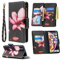 Dteck iPhone XR Case with Zipper Wallet, Painted PU Leather Folio Case 9 Card Slots Wallet Case with Zipper Pocket / Hand Strap for iPhone XR 6.1-inch,06# Lotus