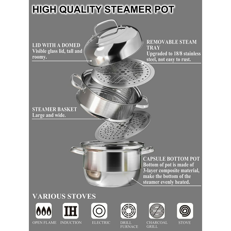 Capsule Bottom Steamer for Cooking, 3 Tier Stainless Steel Steamer