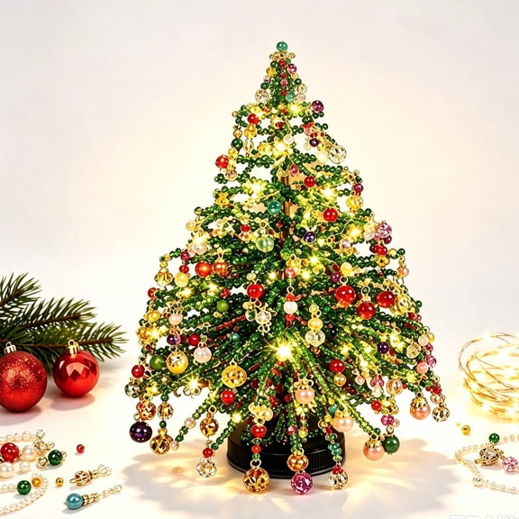 DIY Beaded Christmas Tree Kit - Crystal Holiday Craft Set for Adults with Angel Topper, Ornament Charms & Warm Glow Light String