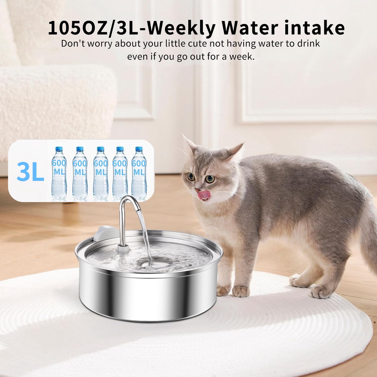 Petavista 3L/105oz Automatic Cat Water Fountain with Slient Pump Pet Water Fountain for Cat Puppy