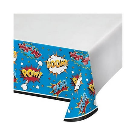 Hoffmaster Group 324834 48 x 88 in. Superhero Slogans Plastic Border Tablecover, Pack of 12