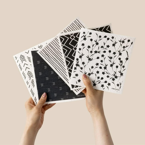 RECYCO Swedish Dishcloths for Kitchen | 5 Pack Geometric Washable Dish Rags | Cellulose Reusable Cleaning Paper Towels | Absorbent Counter Dish Cloth Sponge Kitchen Wipes, 8" L x 7" W