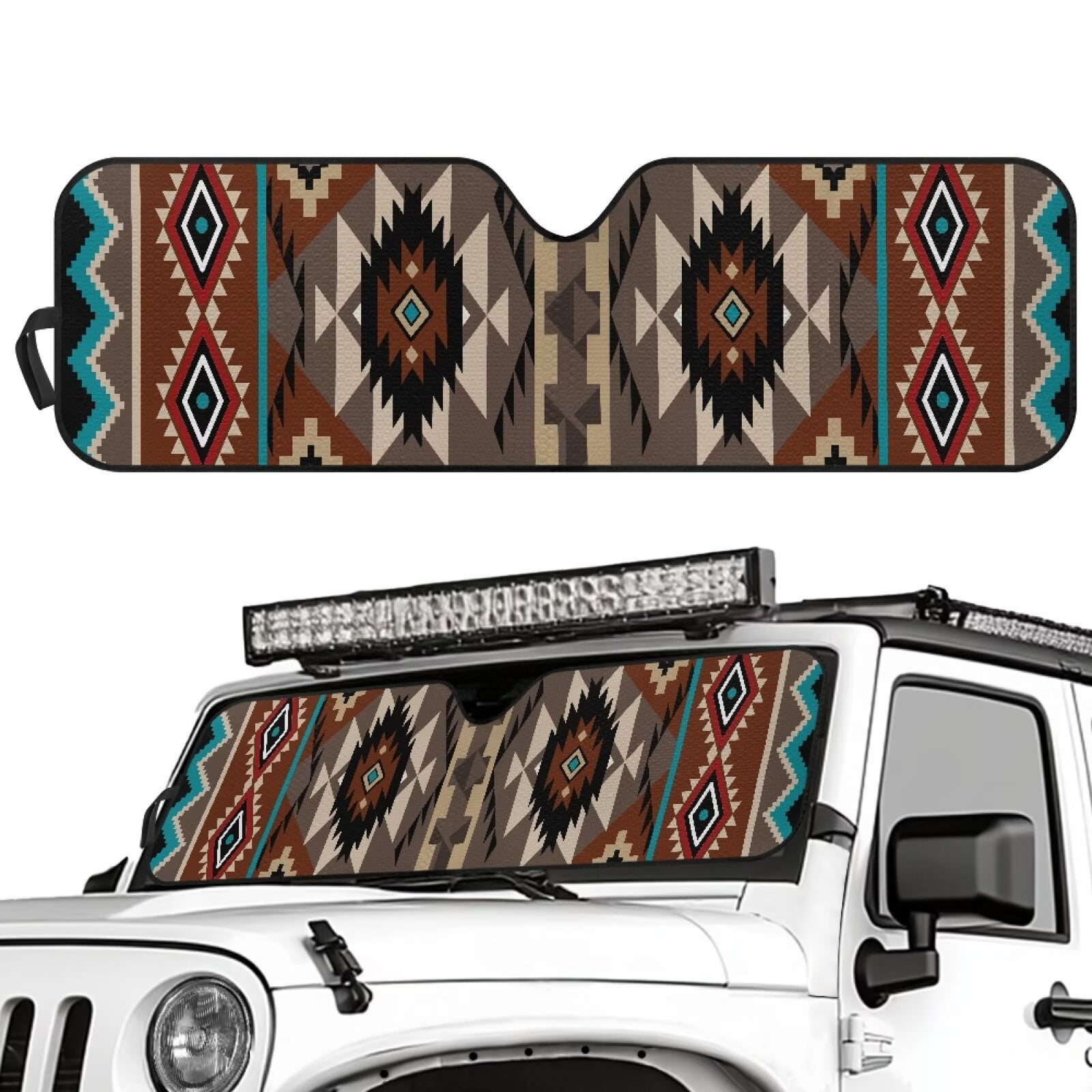 HUIACONG Aztec Tribal Windshield Sun Shade for 2018-2024 Jeep Wrangler JL JLU & Gladiator JT, Sunshades Heat Shield, Aluminum Foil Triple Laminate Structure, Silver Keep Vehicle Cool