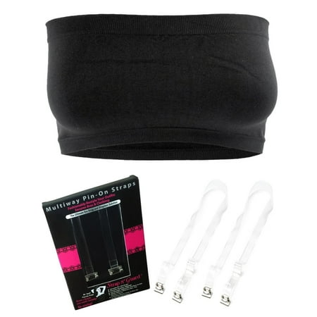 Tube Top Bra - (Black) Seamless Strapless Bandeau Bra with Clear Pin Straps By Strap N’ Guard®