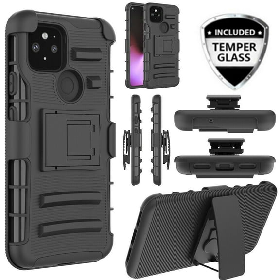 for Google Pixel 5 with Temper Glass and Case Heavy Duty Shock Absorption Kickstand Armor Case with Belt Swivel Clip Holster Cover (Black)