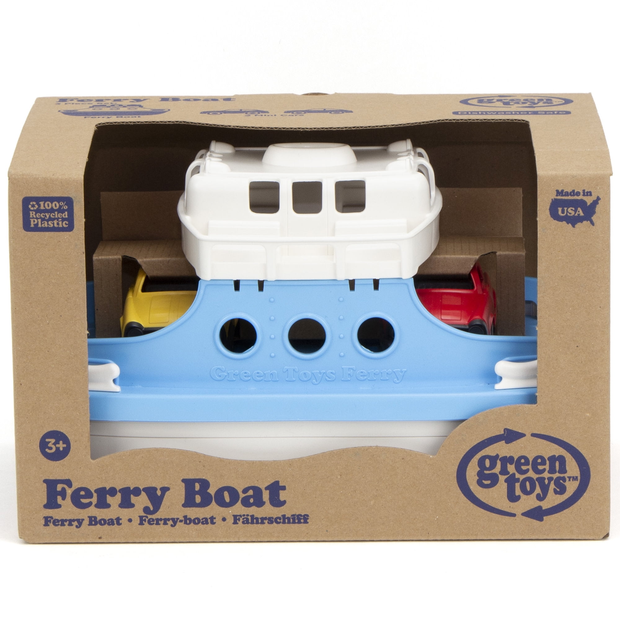 Green Toys: Ferry Boat - Blue & White - Floating Toy Vehicle & 2 Mini Cars, Water & Bathtub Play, Loading Ramp, In/Outdoor, Recycled Material, Kids 3+