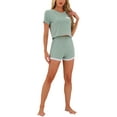 thumbnail image 2 of INSPIRAR CHIC Conjunto de 2 Piezas para Mujeres, Top de Manga Corta con Encaje y Pantalones Cortos de Punto Acanalado, Pijamas en Verde, 2 of 4