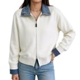 thumbnail image 3 of Women'S Denim Spliced Collar Zip‑Up Knit Cardigan Top White One size, 3 of 7