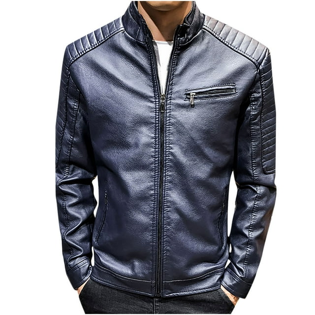 Mens Autumn Fashion Pure Color Stand Collar Imitation Leather Jacket Coat
