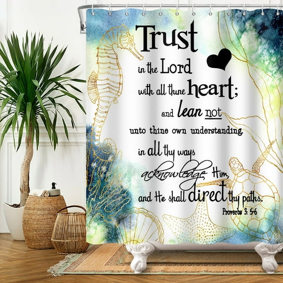 SUNOLIFE Ocean Theme Shower Curtain Sea Shell Quotes Fabric Bathroom Curtain,72x72 in