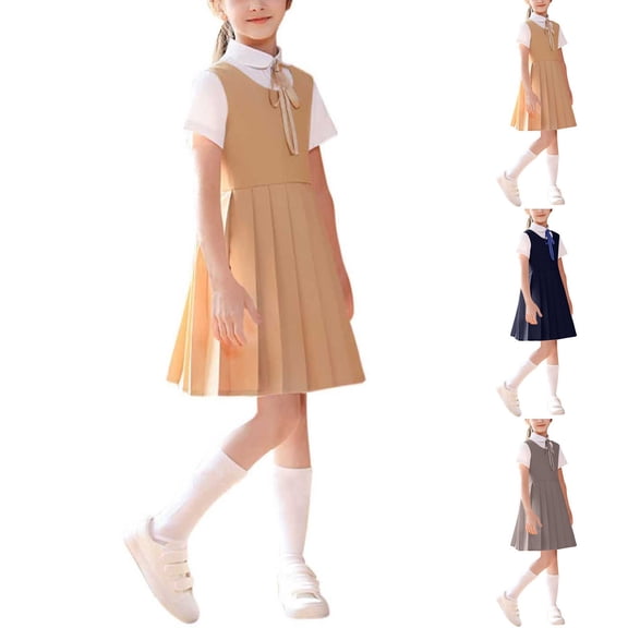 Eltusu Girls School Uniform Sets, pleated Lapel Collar Short Sleeve Shirt Dress and Tie Sets Khaki Size 7-8 T
