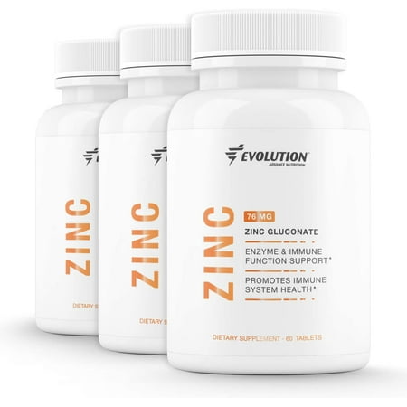 Evolution Advance Sport Nutrition Vegan Zinc Gluconate Tablets Enzyme Immune Function and Immune System Support – 60 Tablets, 3 Pack (76 Milligrams Each)