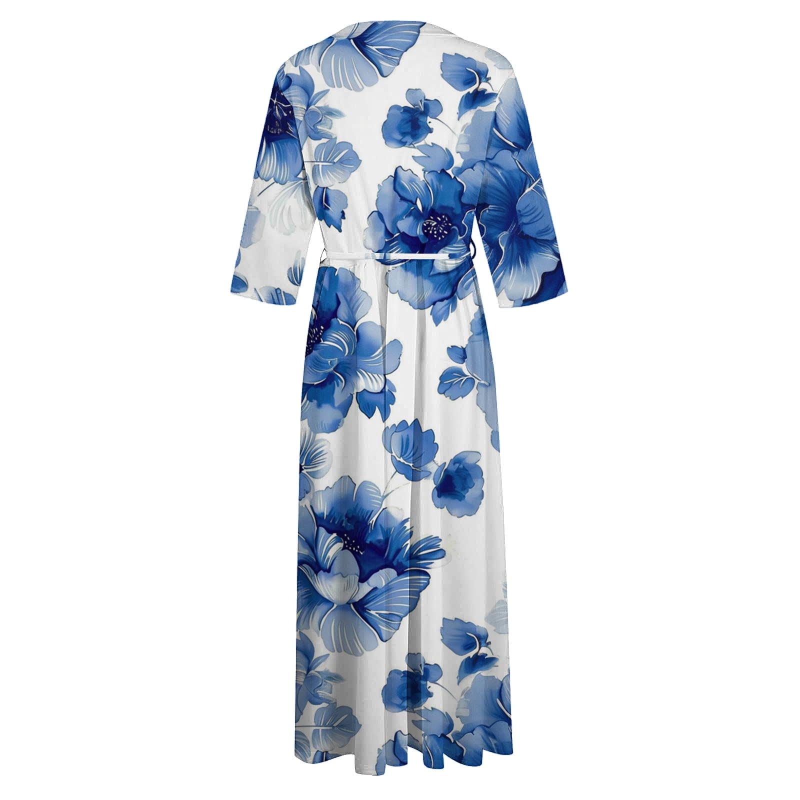 HAPIMO Women's Workout Floral Boho 3/4 Sleeve Spring Elegant Casual Drawstring Lapel V Neck Button Flowy Fall Dress Summer Tea Length A Line Dress Fashion Blue M