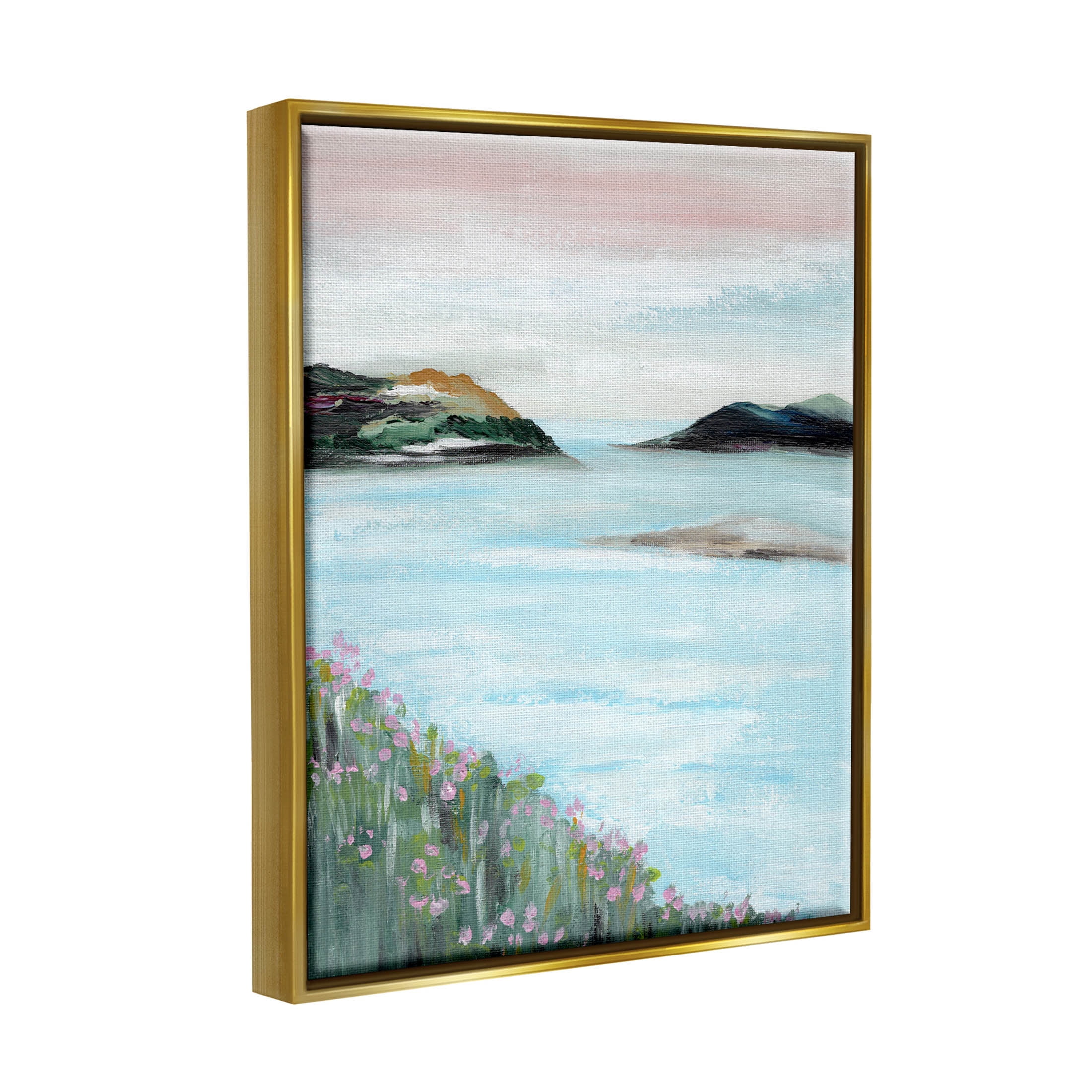 Stupell Industries Rocky Lakeside Meadow Pink Blooms Painting Metallic Gold Floating Framed Canvas Print Wall Art, Design by Nikita Jariwala