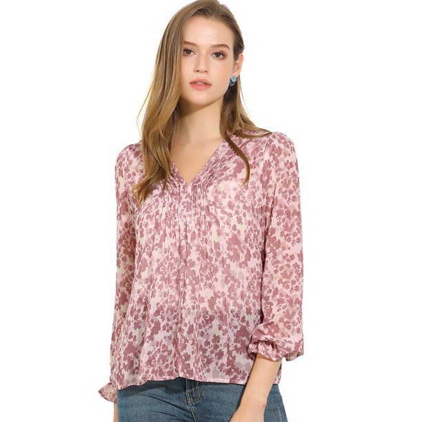 Allegra K Blusa Manga Larga Con Volantes Pintuck Floral Top Casual Para Mujer Rosa XL