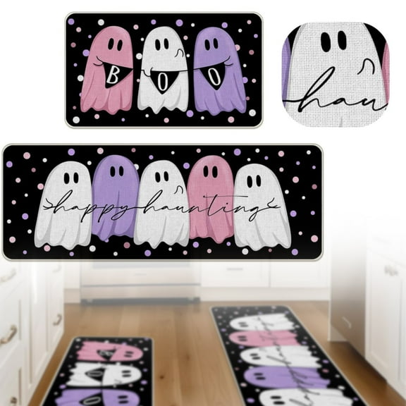Happy Halloween Ghost Boo Kitchen Rugs Set of 2, Spooky Polka Dot Kitchen Mats Decor, Funny Holiday Floor Door Mat Home Decorations - 16x24 and 16x47 Inch