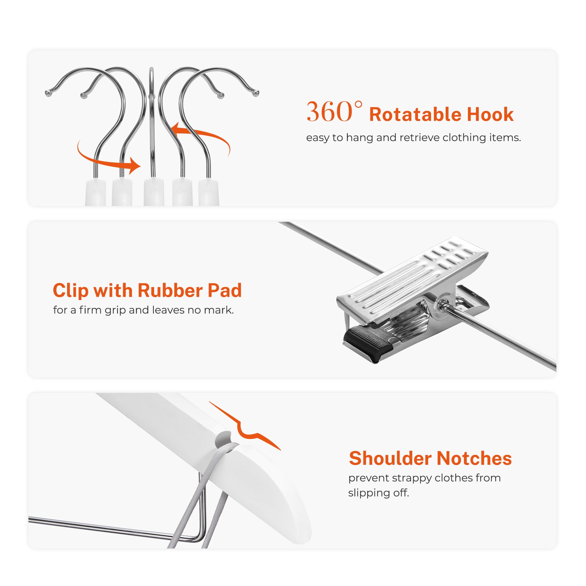 ACSTEP Wooden Hanger with Clips 12 Pack, Premium Coat Hanger, Wooden Clothing Hanger with Shoulder Grooves, 360 Degree Rotatable Hook, White