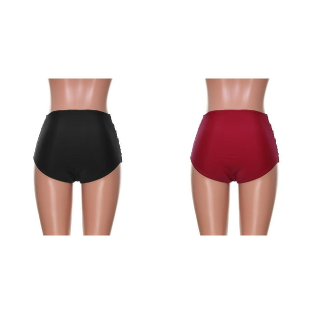 2 Pack(Red 1PCS & Black 1PCS) Multipack High Swim Ruched Swimsuit Women's Bottom Bikini Briefs Teen Swimsuit Plus Size Waisted Swimwears Tankinis Set