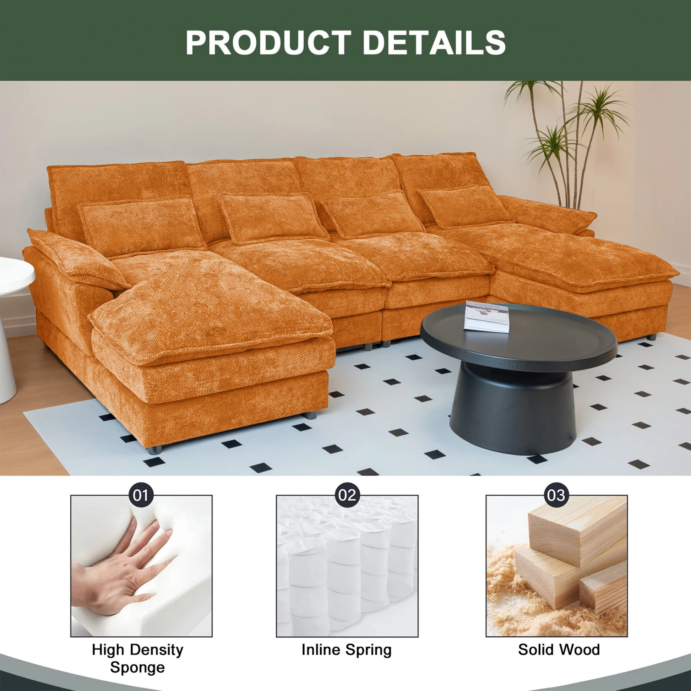 SOULART 110" Cloud Sofa,Orange U shaped Sectional couches for living room, modular couch with Chaise