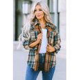 thumbnail image 1 of Women's Brown Plaid Color Block Buttoned Shirt with Pockets, 1 of 5