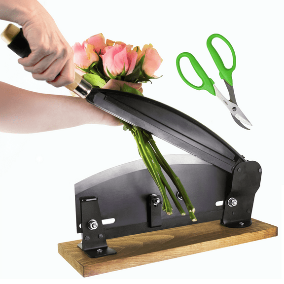 Professional Flower Stem Cutter Tool - for Floristry and Gardening - Bulk Bunch Cutter with 14" Durable High Carbon Steel Blade, Wood Board and Garden Sheers Included (Bonus Pack)
