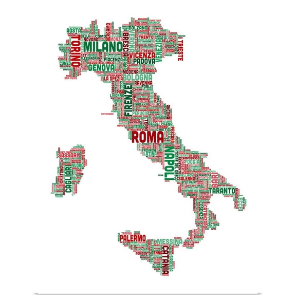 Great BIG Canvas | Rolled Michael Tompsett Poster Print entitled Italian Cities Text Map, Italian Colors on White