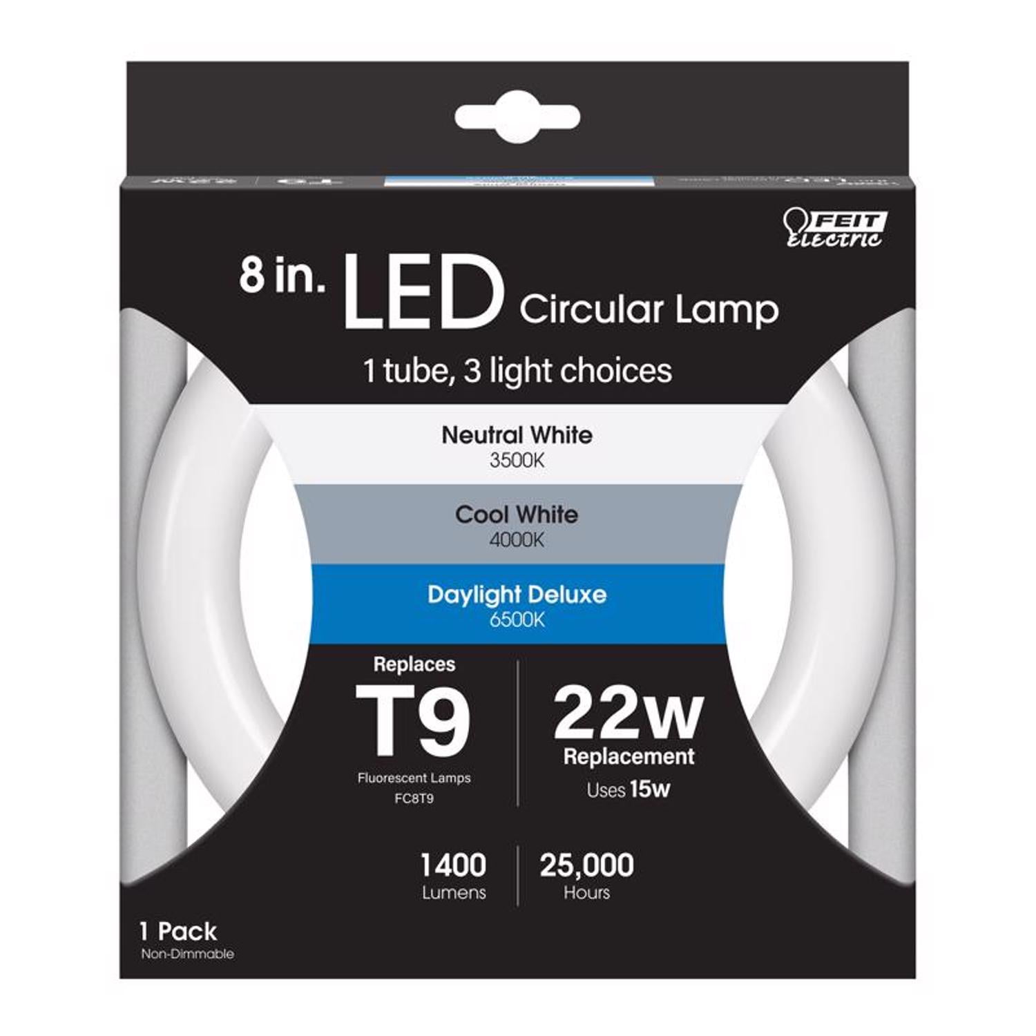 Feit Electric FC8/3CCT/LED Non Dimmable Indoor 8" LED Circline Light Bulb; Warm White, Cool White Or Daylight with A Standard Light Switch; 1400 Lumens, 15 Watt Input Power, 25000 Life Hours, 120V