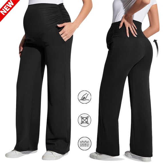 Tqyyweavej Women's Maternity Pants Butt Lifting Over The Belly Casual Pants Stretch Straight Leg Work Pants with Pockets, Black