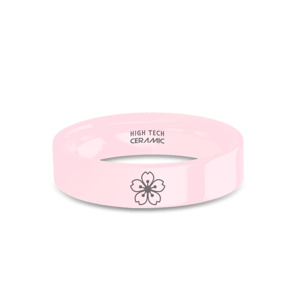 Sakura Mon Emblem Cherry Blossom Pink Ceramic Wedding Ring, 6mm, Size 14