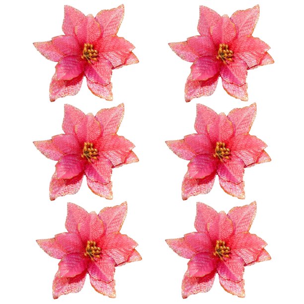 Paquete de 6 flores artificiales de seda de Pascua navideñas con purpurina y clips para adornos de árbol de Navidad, coronas navideñas, guirnaldas y decoración navideña de Año Nuevo.