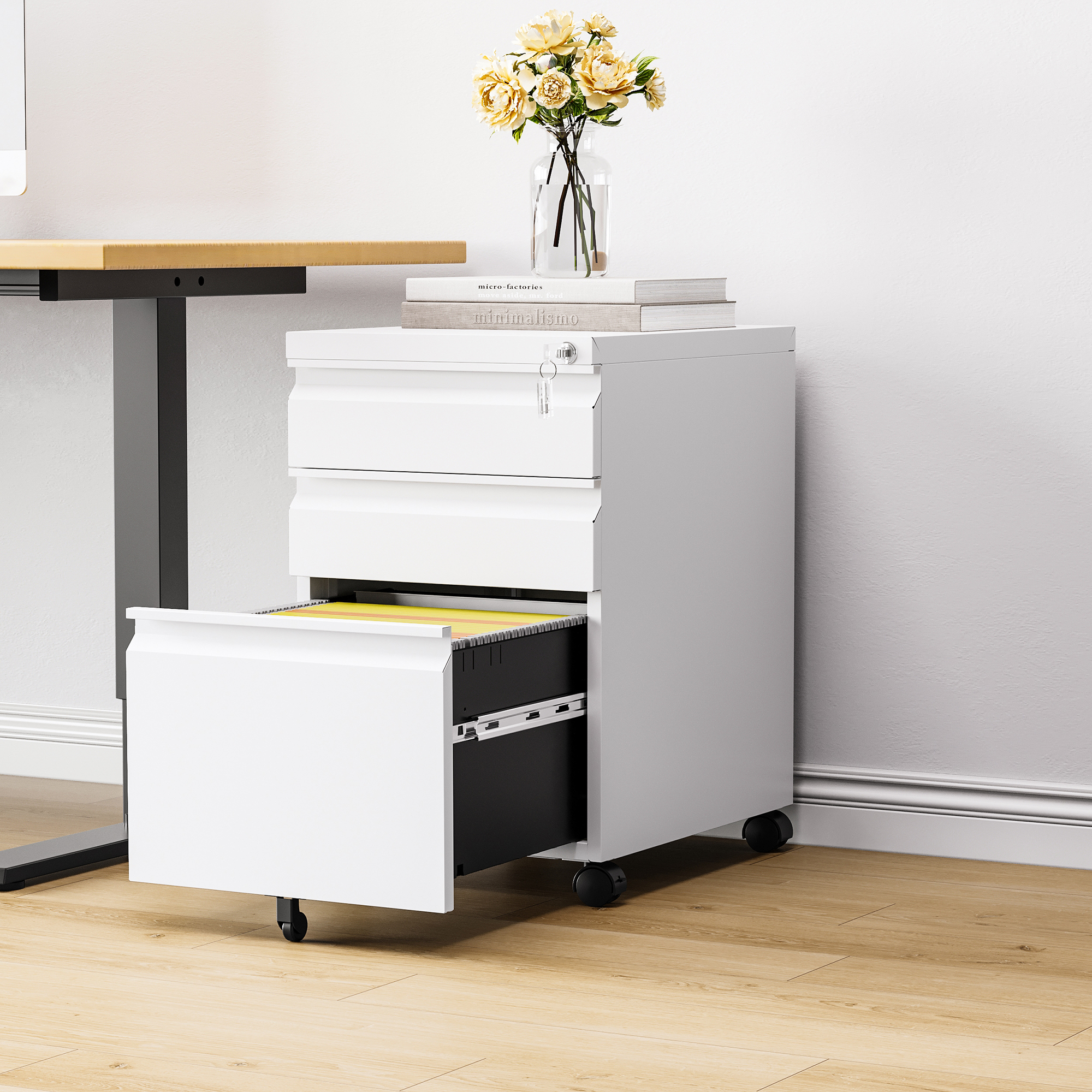 STANI 3 Drawers Storage Cabinet, Mobile Filing Cabinet for Mini Printer Stand, Unassembled Metal Rolling File Cabinet for Home Office(Unassembled,White)