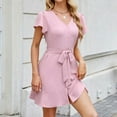 thumbnail image 2 of hotojiny Women Shirt Dresses Casual Ruffle Short Sleeve V Neck Mini Dress Solid Button down Tunic Tops with Belt Spring Dresses, 2 of 7