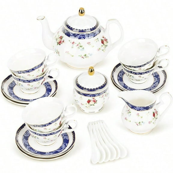 Bone China Tea Sets for Adults 21-Piece Blue Lace and Roses Porcelain Tea Service with Sugar Bowl Creamer English Cremic Floral Teacups Set of 6 for Women Tea Party