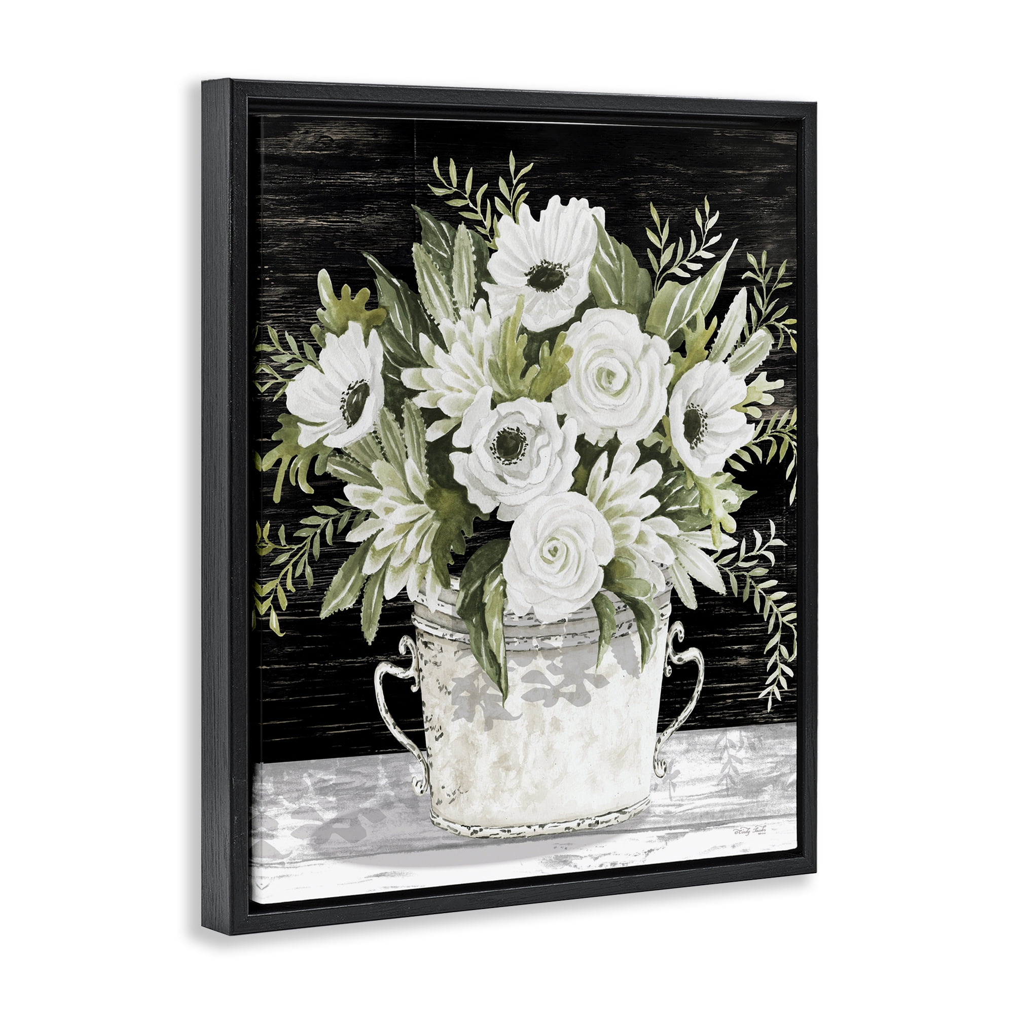 Stupell Industries White Flowers Country Tin Plants & Flowers Painting Black Floater Framed Canvas Art Print Wall Art, 25 x 31