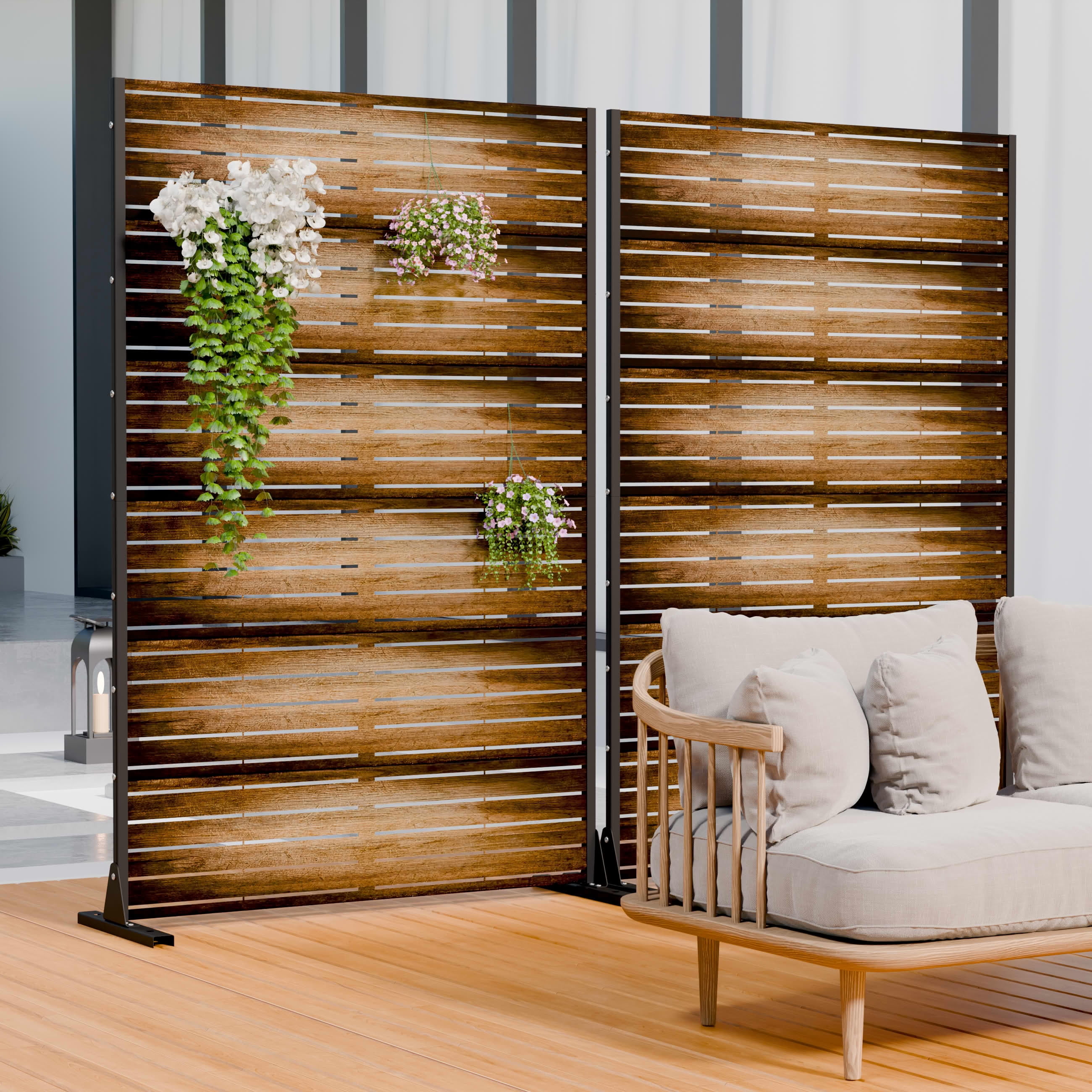 MAYEERTY 2-Piece Outdoor Metal Privacy Screen 6ft × 4ft Dark Brown, 6-Panel Wood Grain Louvered, Weatherproof for Patio