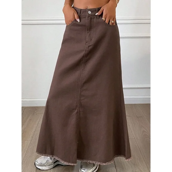 Womens Coffee Brown Frayed Hem A-Line Denim Maxi Skirt Casual