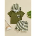 thumbnail image 2 of FEORJGP Toddler Boys Summer Outfit 0-3Y Infant Baby Short Sleeve T-shirt Hoodies Sweatshirt Pocket Hooded Tops and Drawstring Striped Shorts Sets Newborn Loose Casual Daily Clothes, 2 of 9