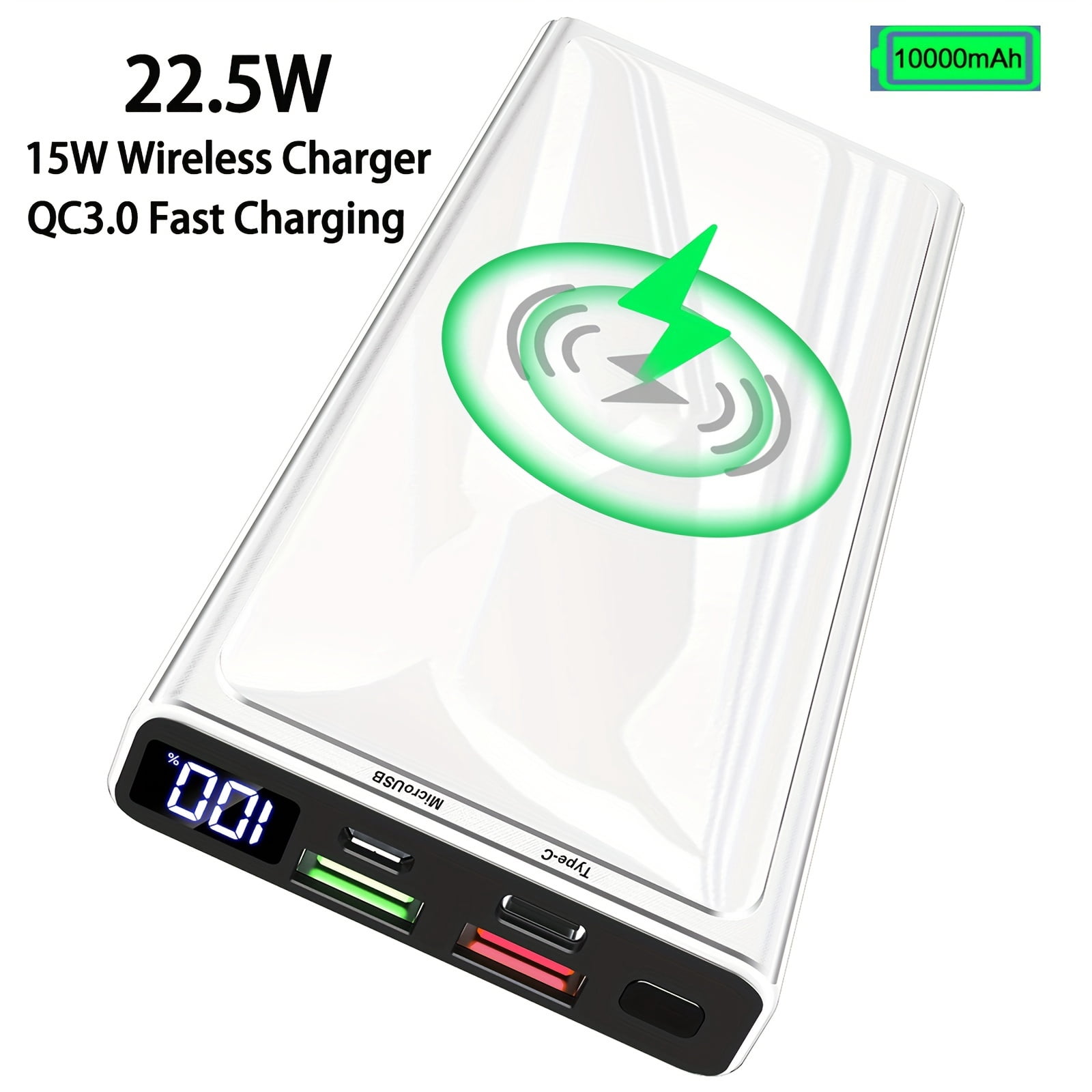 Wireless Power Bank, 10000mAh Portable Charger PD20W QC3.0 15W Wireless Charging LED Display, External Battery Pack, 2 Inputs And 4 Outputs (Qi & USB C) For IPhone Samsung Huawei IPad Headset Etc.
