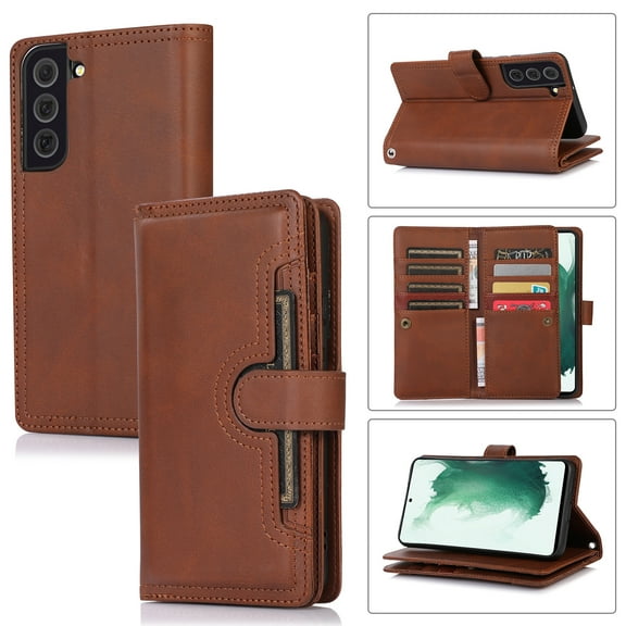 SaniMore for Samsung Galaxy S22 6.1" Magnetic Closure Flip Wallet Case, Premium PU Leather Case with Wrist Strap Card Slot & Multi-Angle Kickstand Full Body Protective Case, Coffee